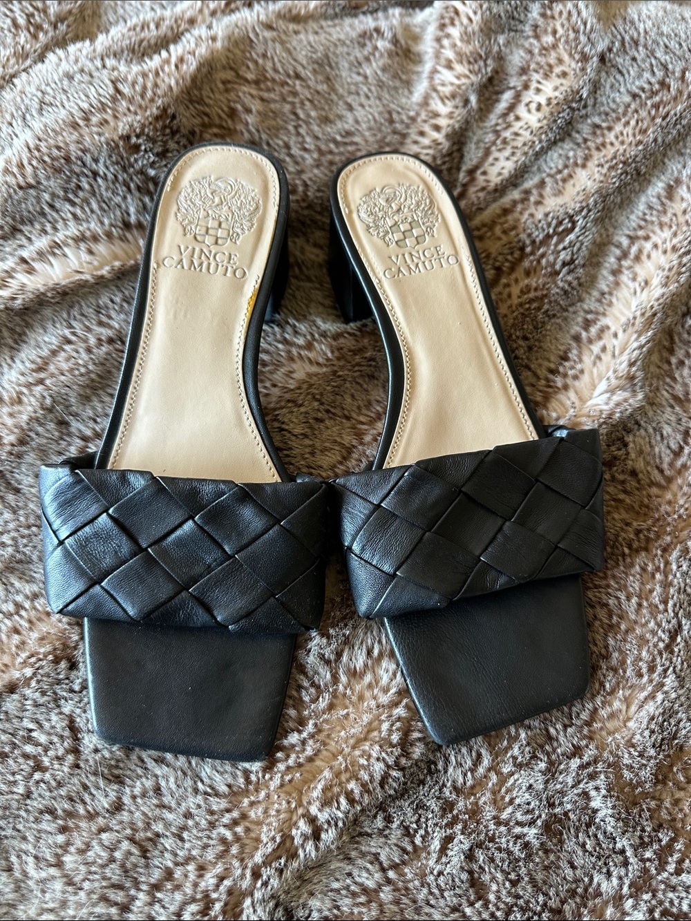 Vince Camuto Black Woven Leather Slide Mules
